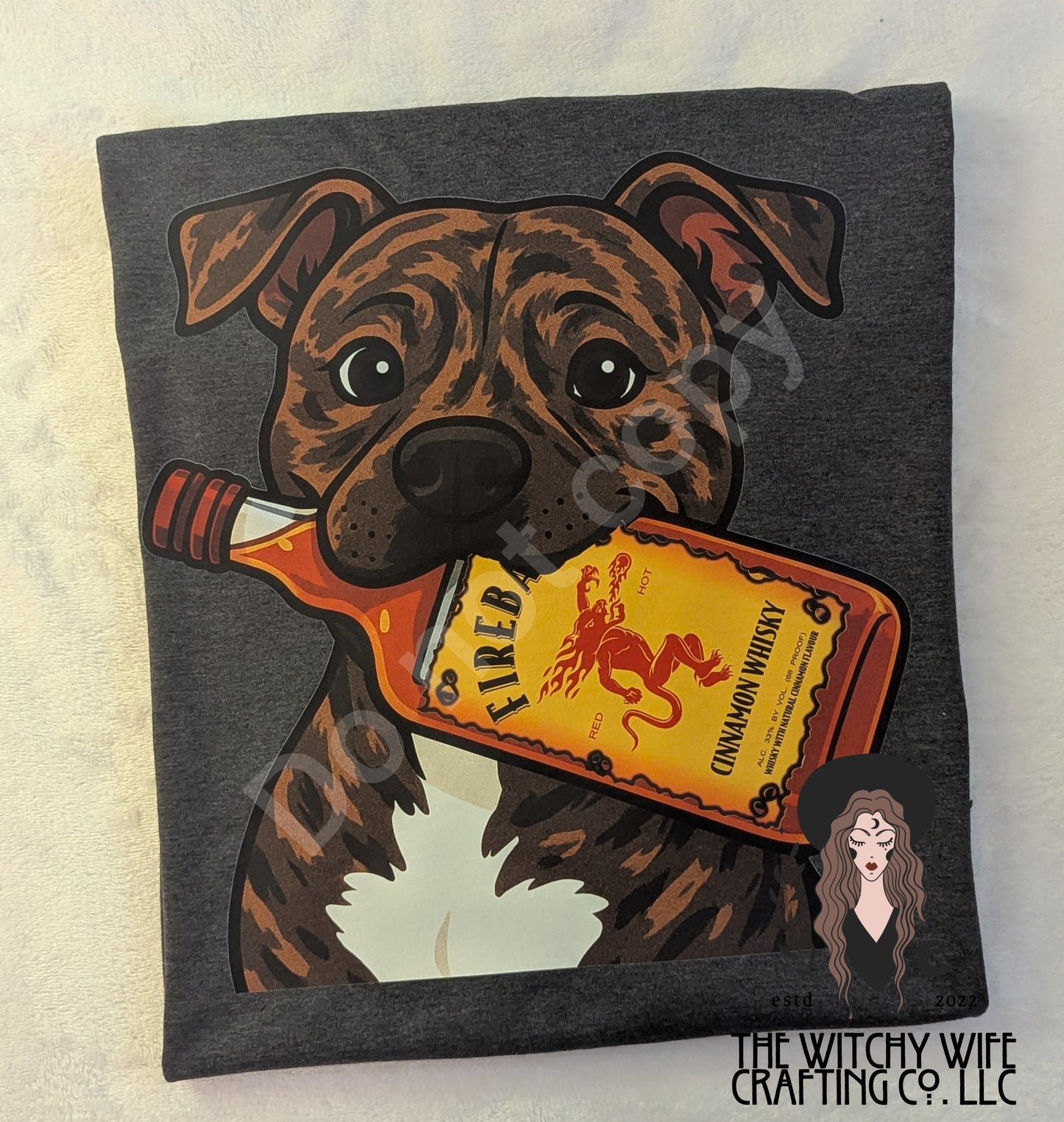 BRINDLE DOG WITH FIRE WHISKEY